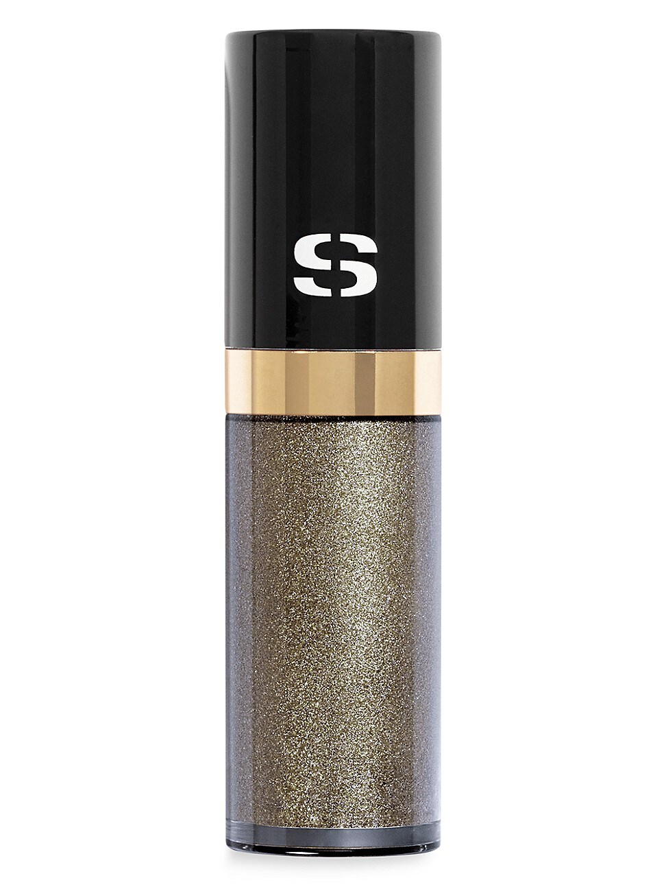 Longwearing liquid eyeshadow in a sleek black and gold container, featuring a glittery bronze shade with a shiny finish, branded with the Sisley logo.