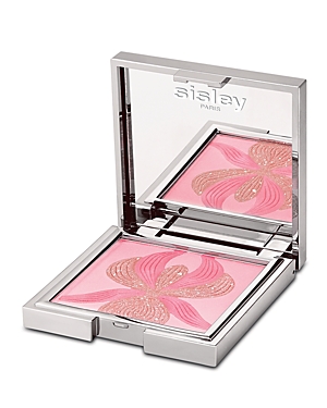Pink highlighter blush palette with intricate flower design in gold and pink tones, housed in a sleek silver compact with a mirror.