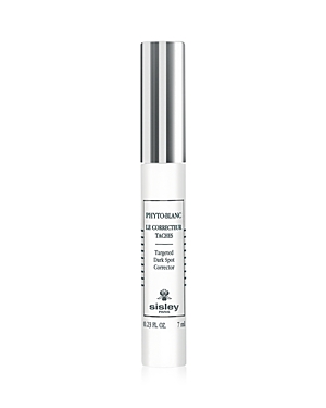 White tube with a silver cap, labeled "Phyto Blanc Targeted Dark Spot Corrector" in black text, 0.23 oz, featuring a sleek, minimalist design by Sisley-Paris.