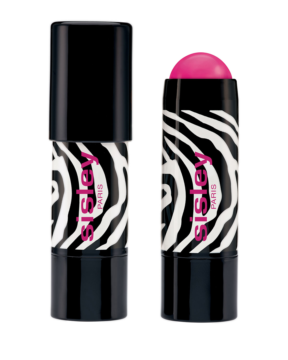 Sisley-Paris Phyto-Blush Twist features a twist-up tube with a black and white zebra print design and a vibrant pink blush stick at the top.