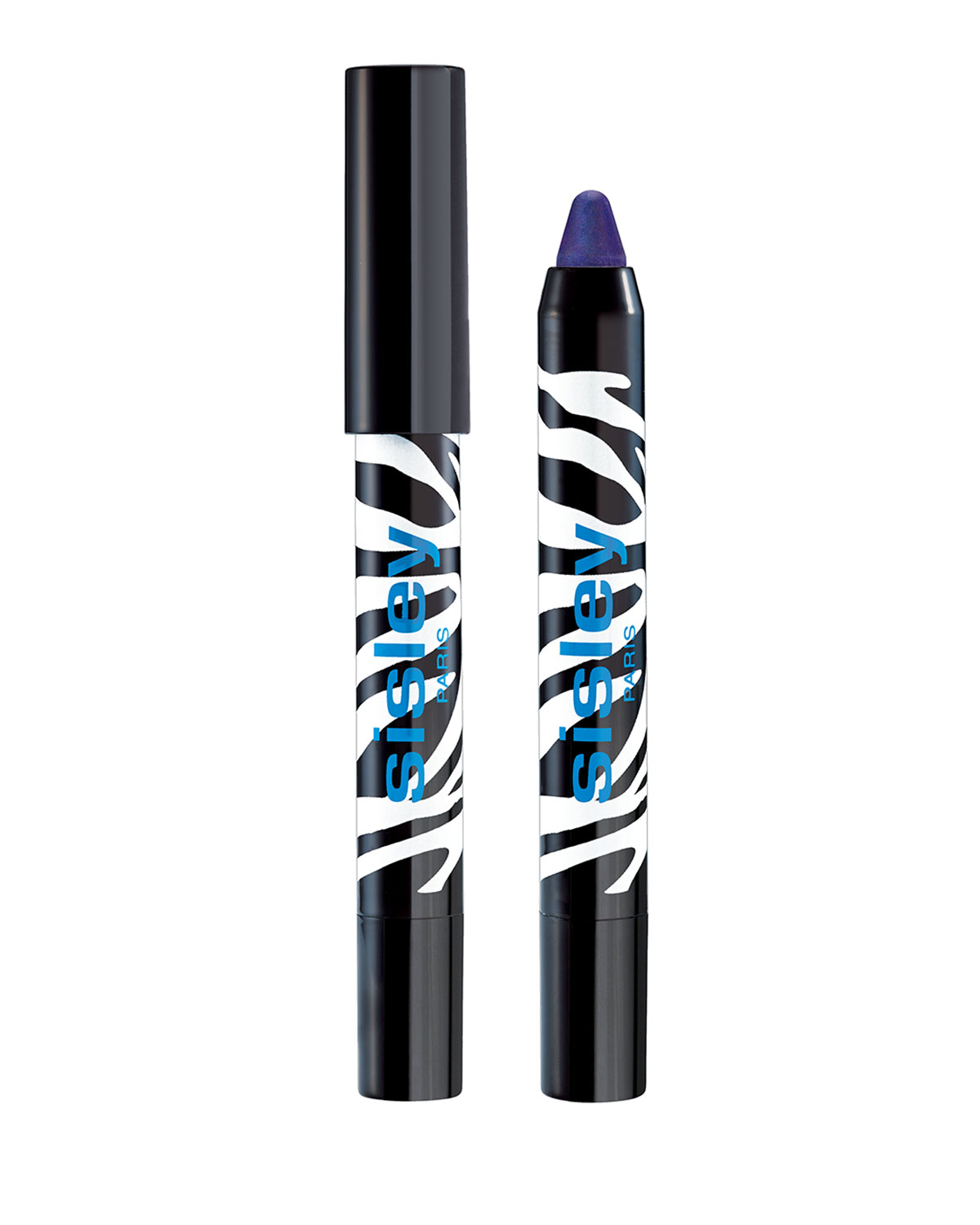 Purple twist-up eye pencil with a zebra-striped black and white design, featuring a sleek black cap and the brand name "Sisley" in bold blue letters.