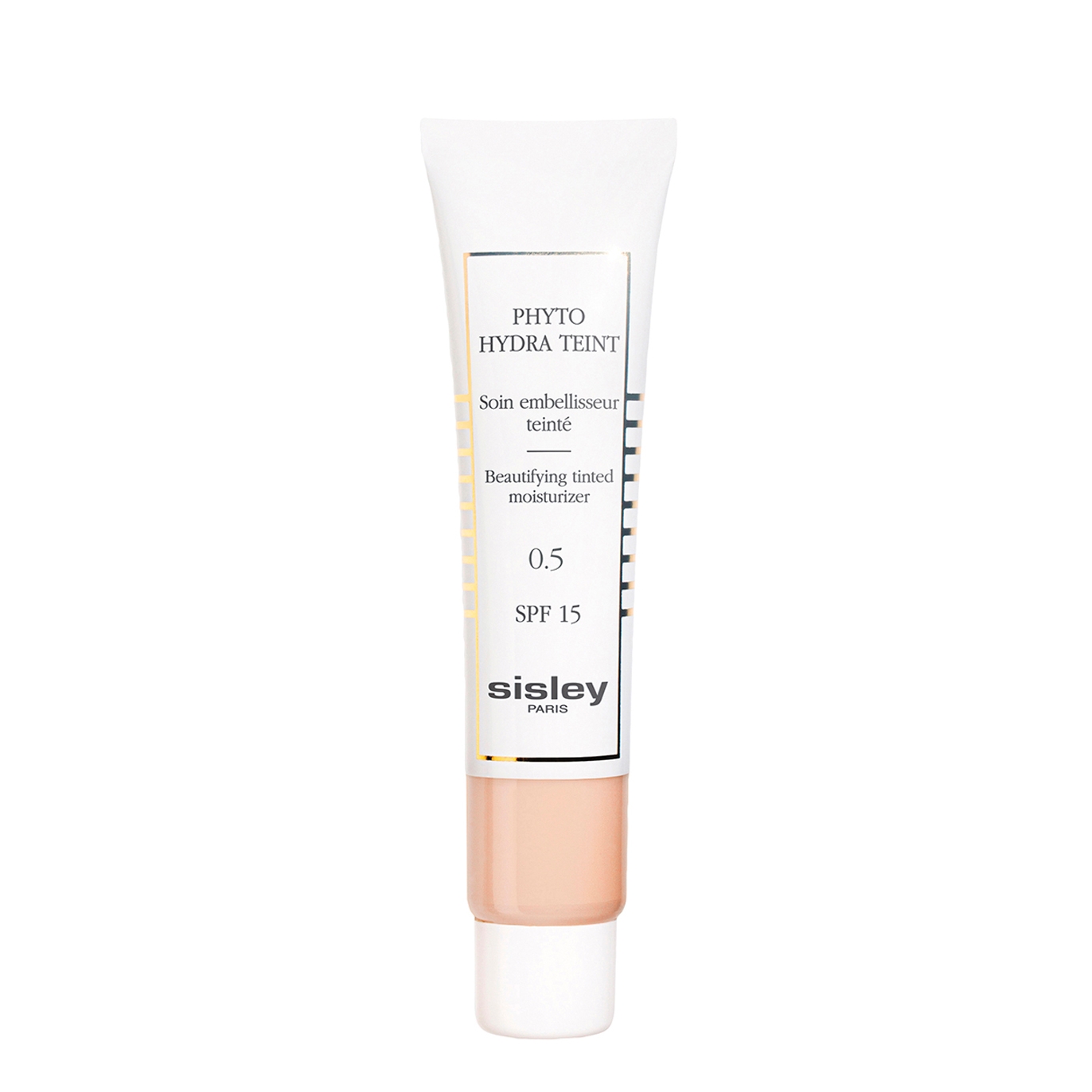 Sisley Phyto Hydra Teint Beautifying Tinted Moisturizer in a sleek white tube with gold accents, labeled #0.5 Opal, offering SPF 15 protection, 40ml size.