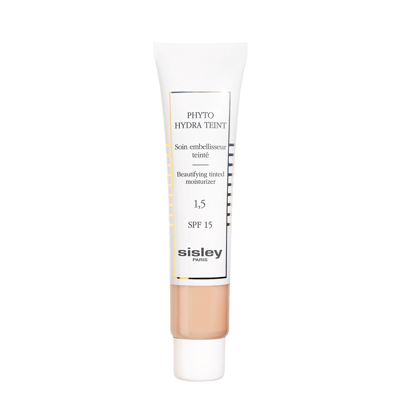 A beige-tinted moisturizer in a sleek white tube with gold accents, featuring the text "Phyto Hydra Teint" and "SPF 15" prominently displayed.