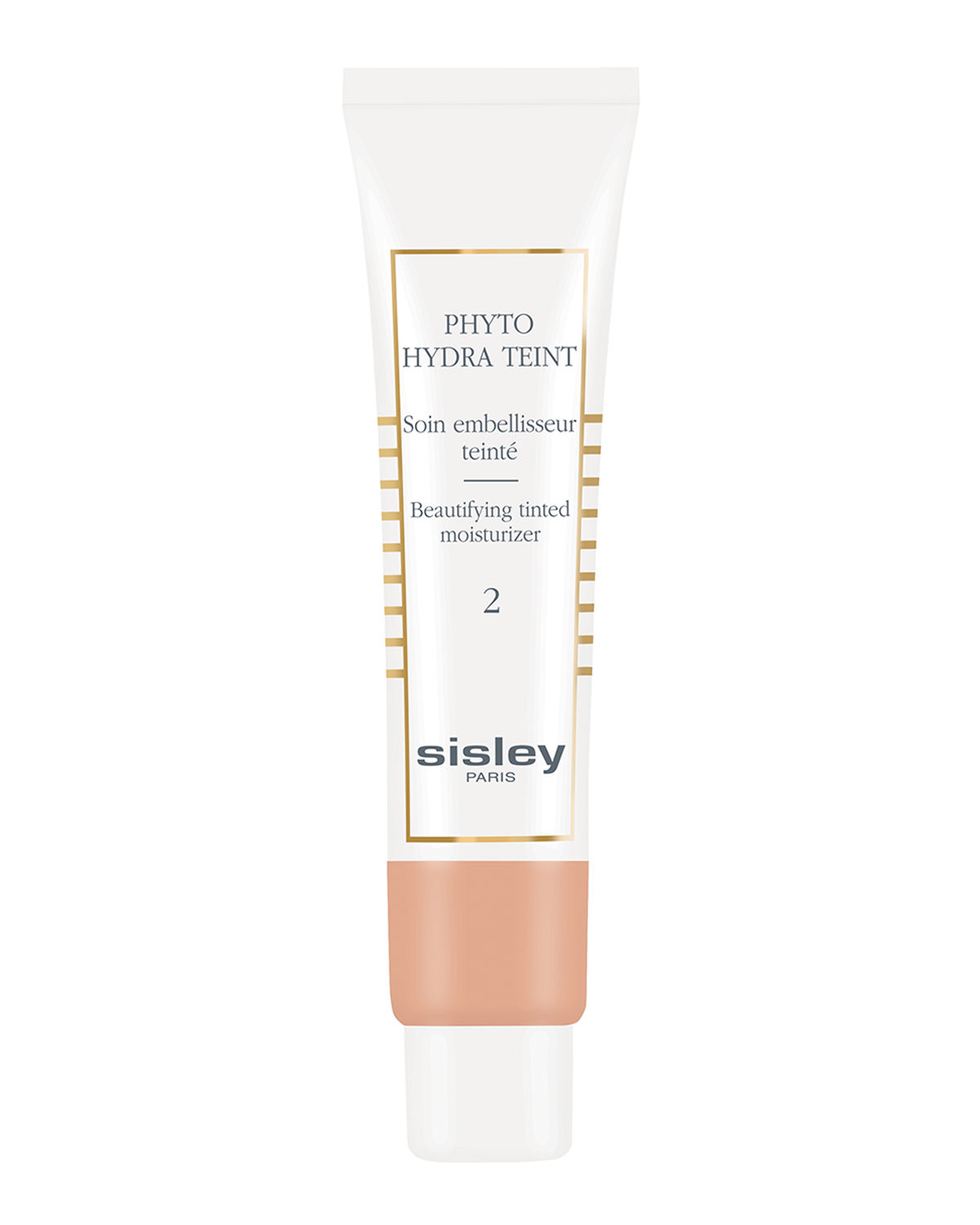 White and peach tube of Sisley Phyto-Hydra Teint SPF15 tinted moisturizer, labeled "2 Medium," featuring elegant gold accents and a sleek, modern design.