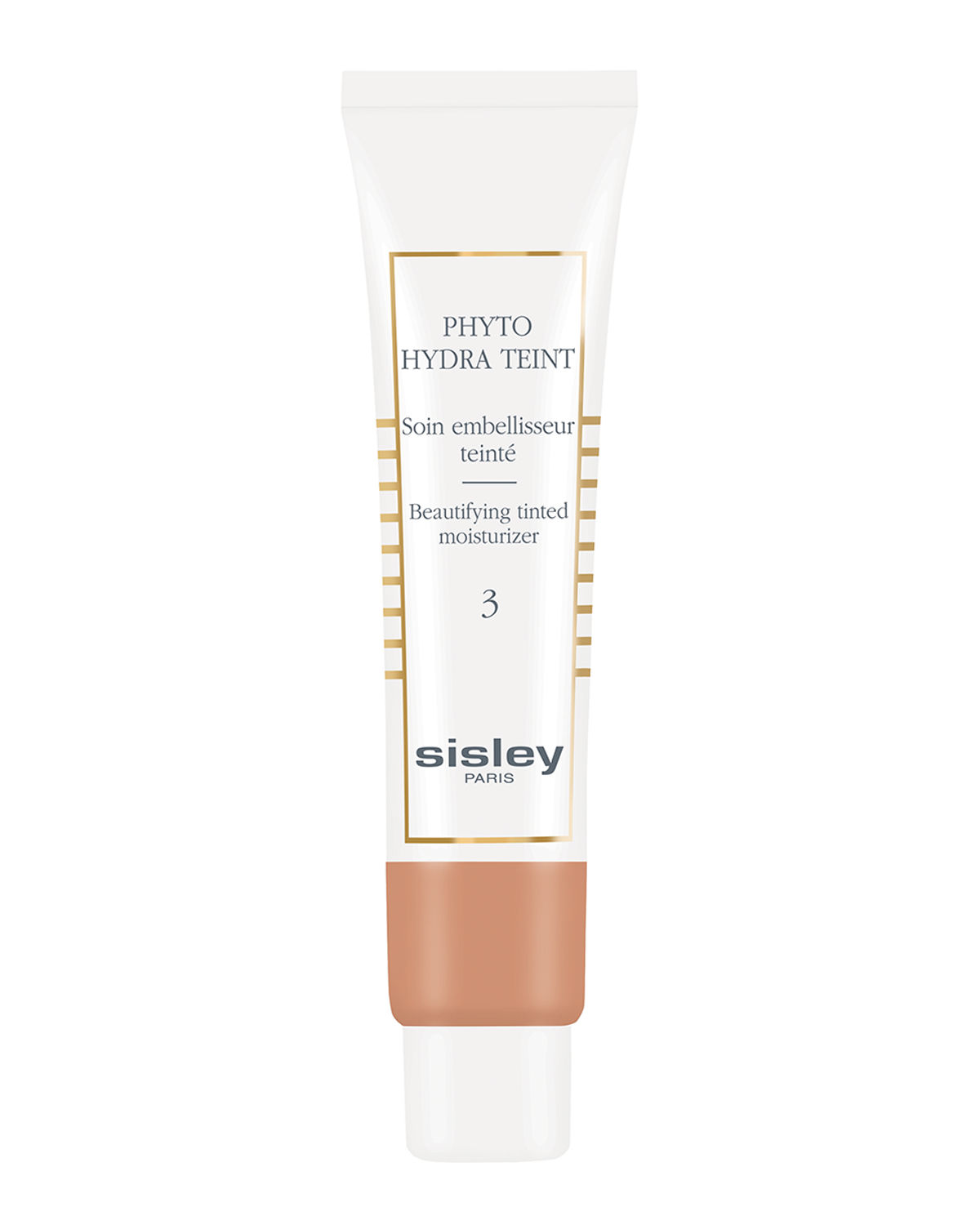 Sleek white tube with gold accents, featuring "Phyto-hydra Teint" and "N3 Golden" labels, designed for a tinted moisturizing treatment by Sisley.