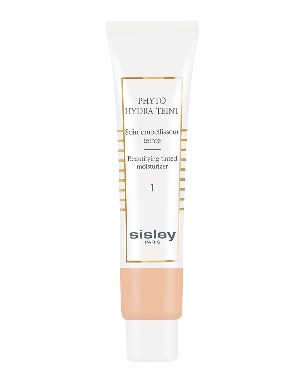 Sisley Phyto-hydra Teint N1 Light is a sleek, white tube with gold accents, featuring a soft peach base and labeled as a beautifying tinted moisturizer.