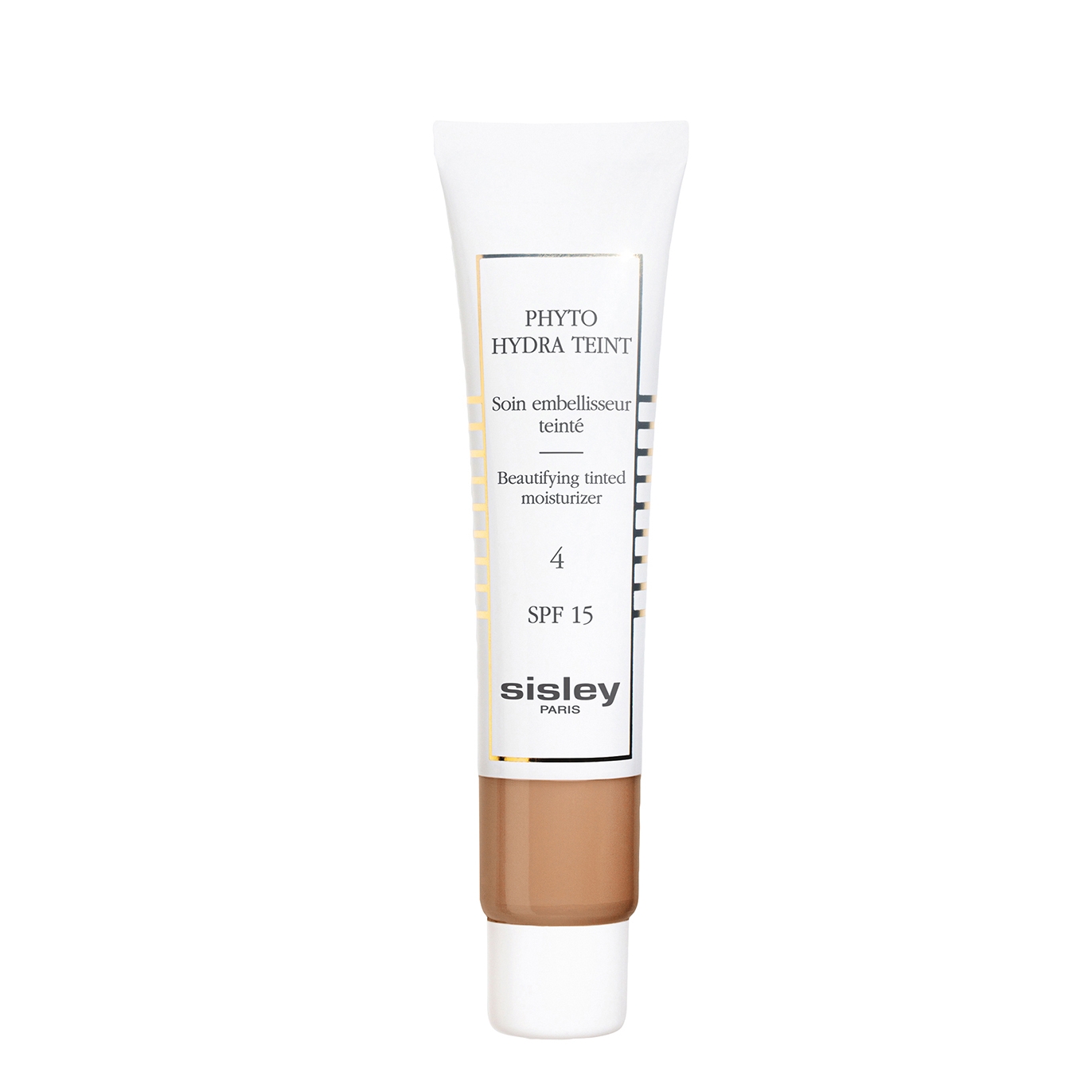 Tube of Sisley Phyto-Hydra Teint in shade 4 Tan, featuring a sleek white design with gold accents, labeled as a beautifying tinted moisturizer with SPF 15, 40ml size.