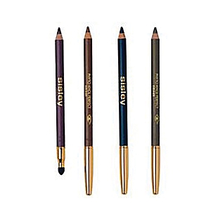 Four Sisley-Paris Phyto-Khol Perfect eyeliner pencils in various colors: deep purple, navy blue, dark green, and black, each with a gold accent and a smudging tip on one end.