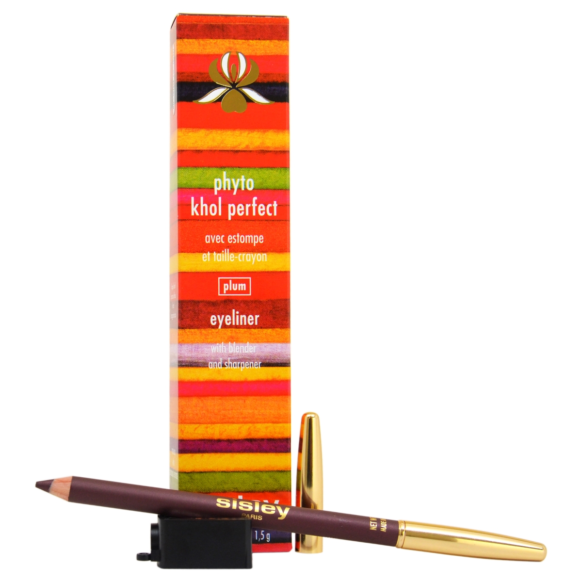 Sisley-Paris Phyto-Khol Perfect eyeliner in plum color, featuring a wooden pencil with a gold tip, accompanied by a colorful striped box and a built-in sharpener.