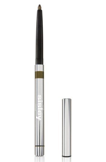 Silver metallic pencil eyeliner with a black tip and a gold band, featuring the "Sisley" logo in white on the side, accompanied by a matching silver cap.