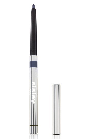 Silver cylindrical eyeliner pencil with a dark blue tip, featuring a sleek design and the Sisley logo prominently displayed on the body.