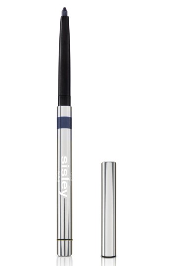 Silver and black retractable eyeliner pencil with a sleek design, featuring the Sisley logo and a dark blue tip, alongside a matching silver cap.