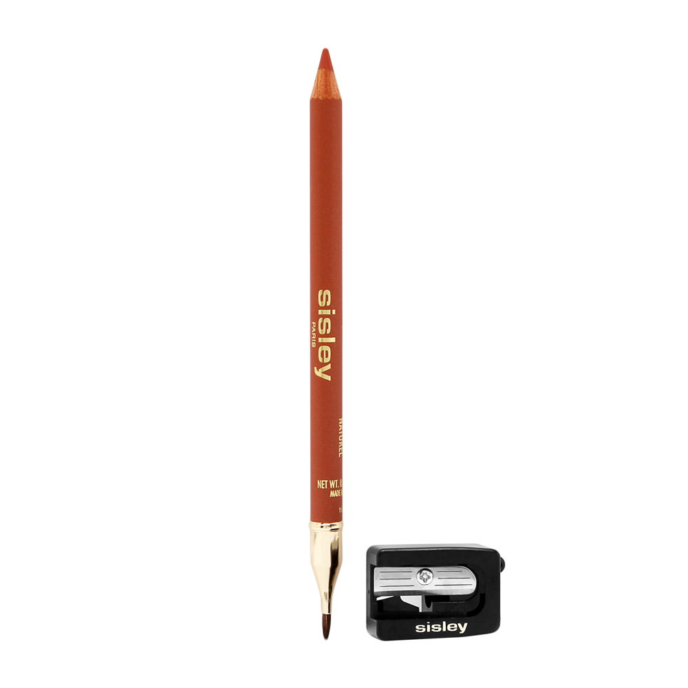 Sisley Paris Phyto-Levres Perfect Lip Pencil in a warm terracotta shade, featuring a wooden pencil body with a gold logo and a black sharpener included.