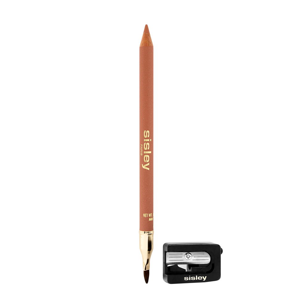 Sisley Paris Phyto-Levres Perfect Lip Pencil in a warm nude shade, featuring a wooden pencil design with a gold accent and a black sharpener included.