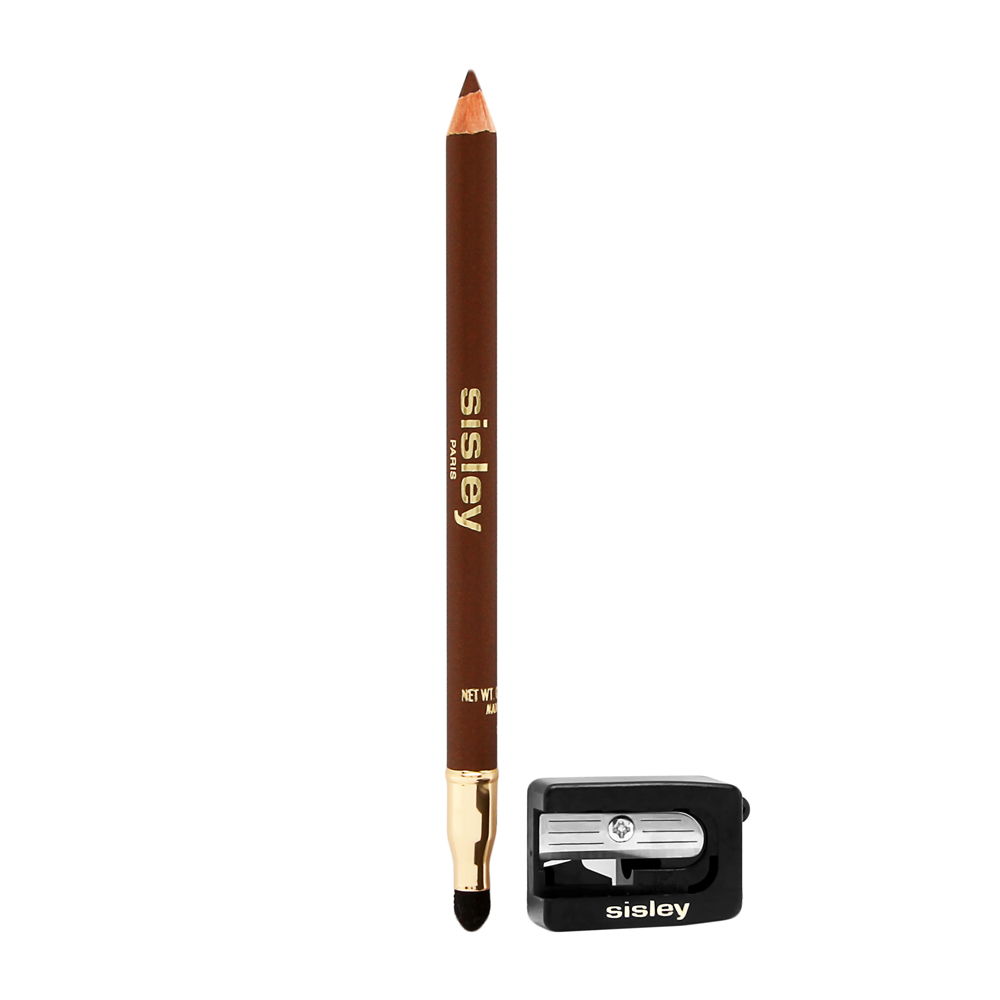 Brown lip pencil with a gold logo and a black sharpener, featuring a pointed tip for precise application and a soft blending brush on the opposite end.