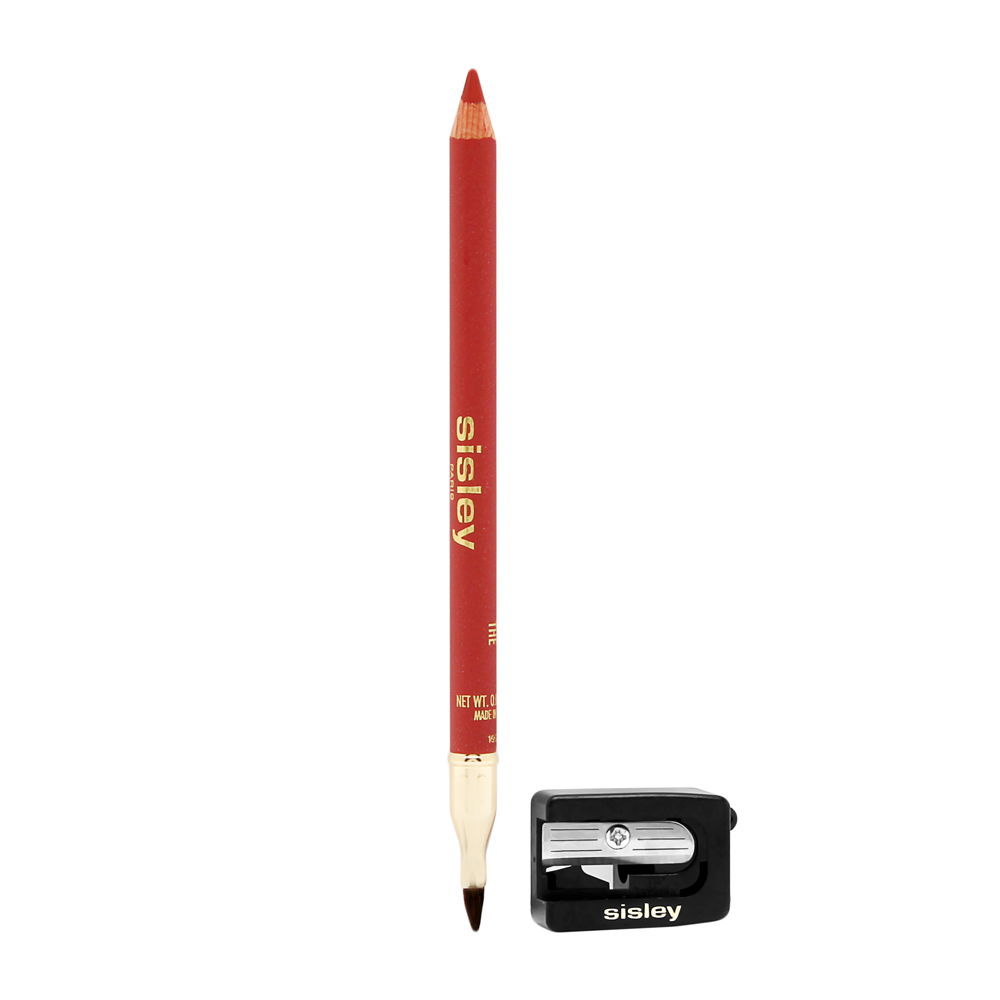 Red lip pencil with a gold accent and a black sharpener, featuring a pointed tip for precise application, labeled with "Sisley" in elegant font.