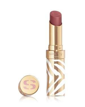 Sisley-Paris Phyto Lip Balm in a sleek gold and white zebra-striped tube, featuring a soft pink bullet and a matching gold cap with a pink "S" logo.