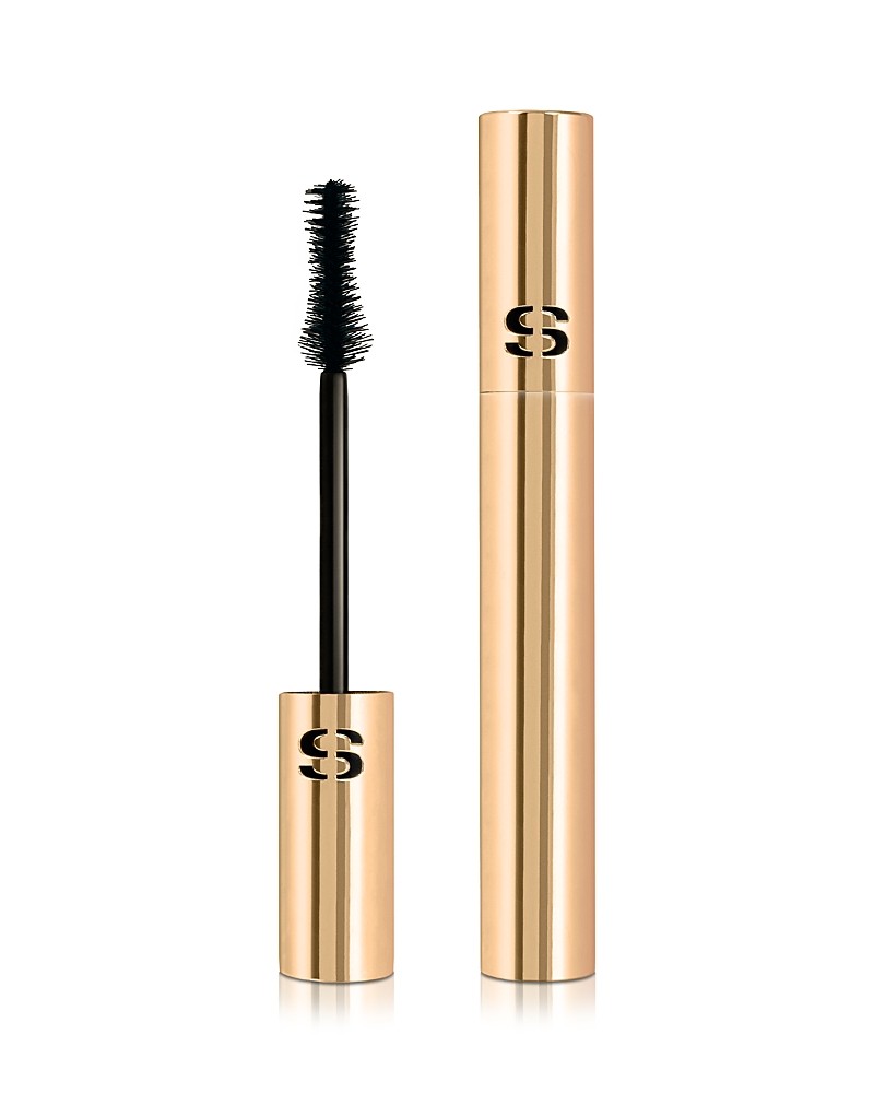 Black mascara with a sleek gold tube featuring the Sisley logo, accompanied by a black bristle applicator brush for precise application.