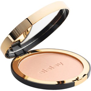 Compact bronzer in a sleek black and gold case, featuring a smooth, light bronze powder inside, with the brand name embossed on the surface.