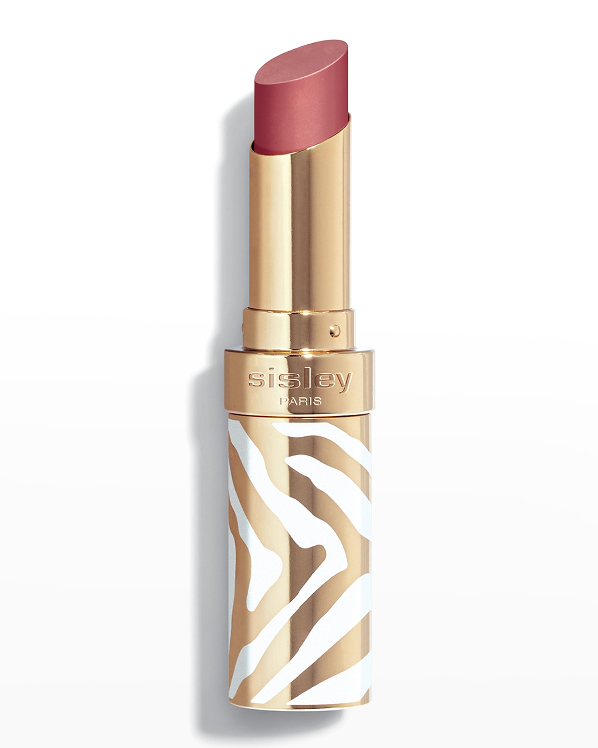 A sleek lipstick with a creamy, soft pink shade, housed in a gold and white zebra-striped tube, featuring a shiny finish and Sisley-Paris branding.