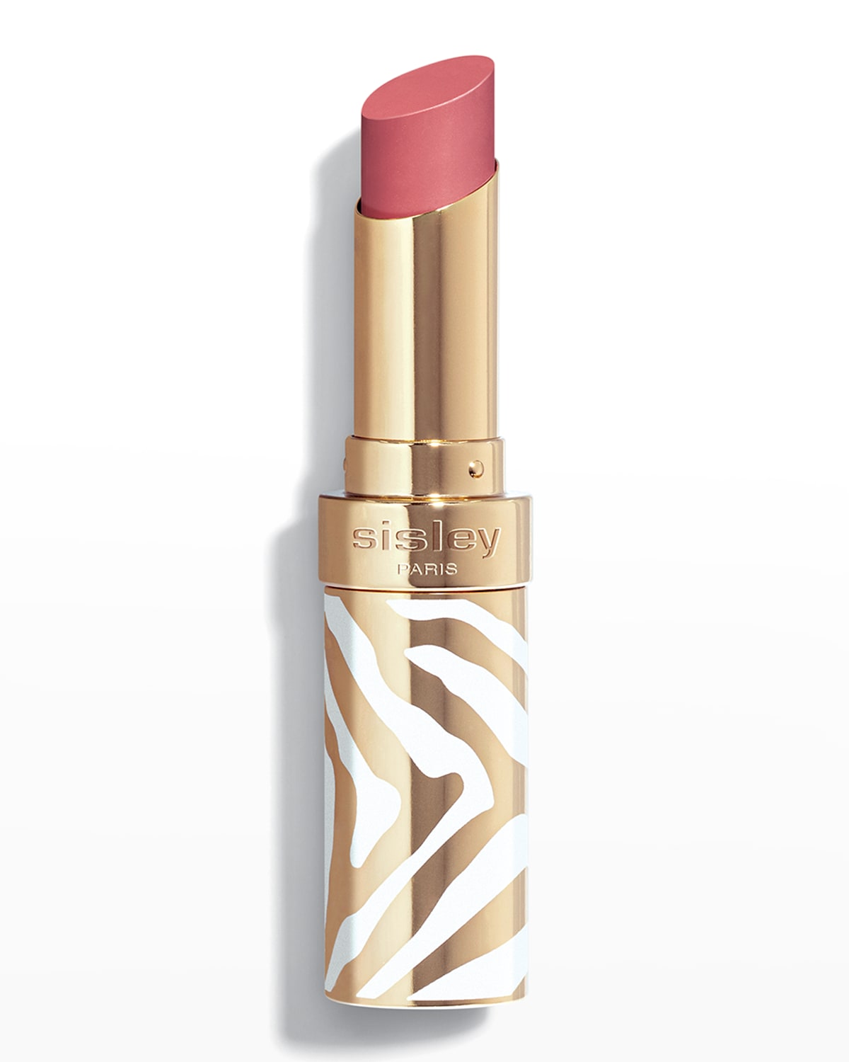 A sleek lipstick with a gold and white zebra-striped case, featuring a soft pink sheer bullet labeled "Sisley Paris."
