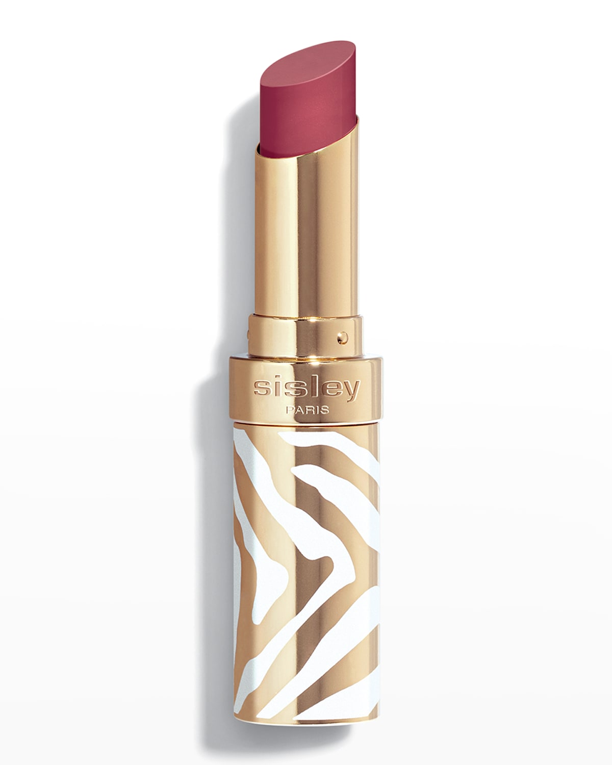 Sisley-Paris Phyto-Rouge Shine lipstick with a creamy, deep rose shade in a gold and white zebra-striped tube, featuring a sleek design and a moisturizing formula.