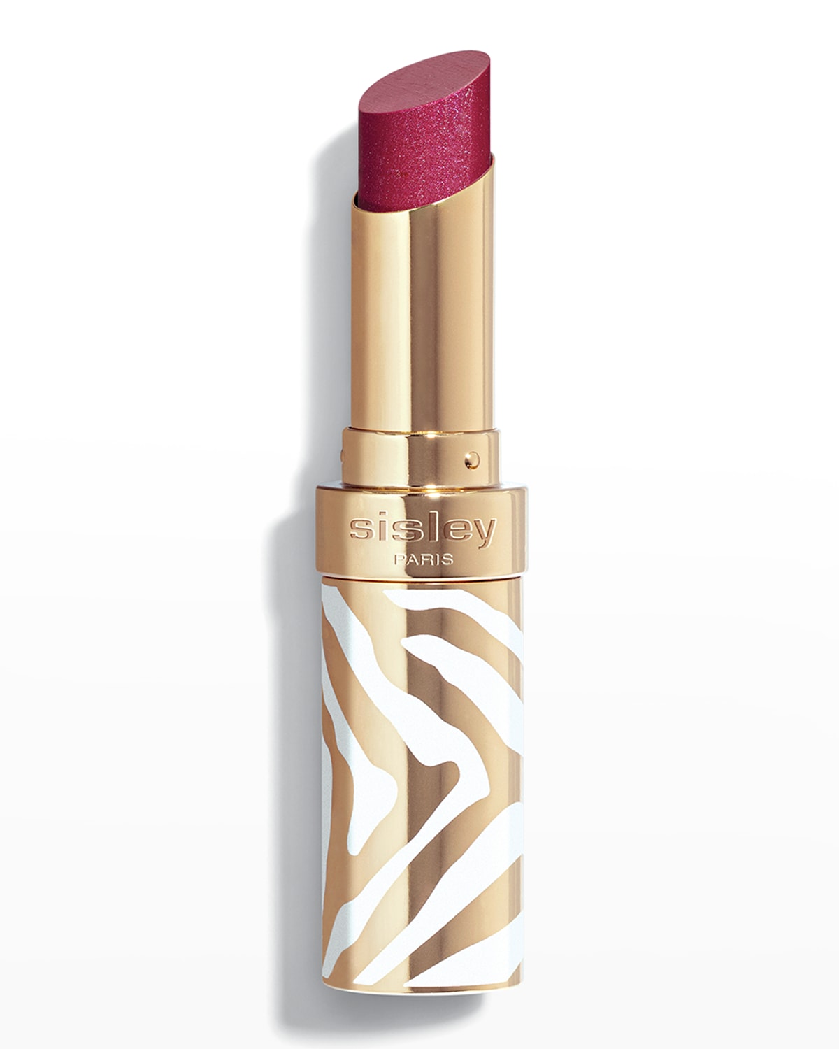 A luxurious lipstick with a shiny, deep berry shade, featuring a gold and white zebra-striped case with "Sisley Paris" embossed on the band.