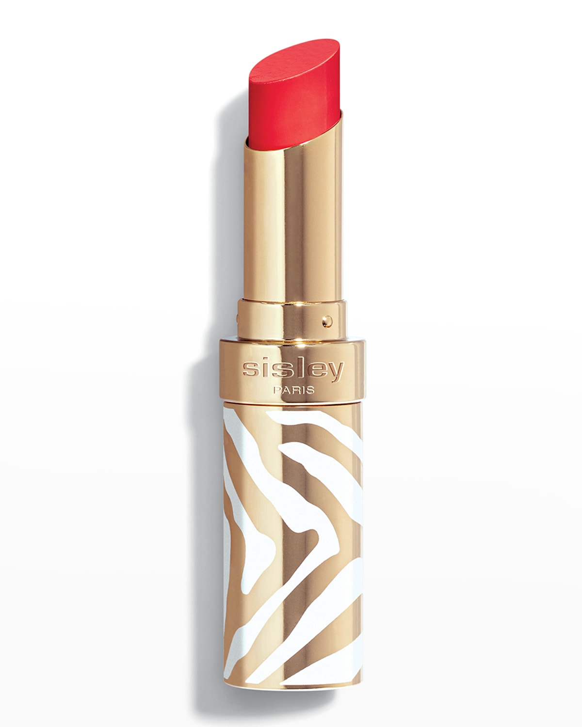 Bright red lipstick in a sleek gold and white zebra-patterned case, featuring the Sisley-Paris logo prominently on the side.