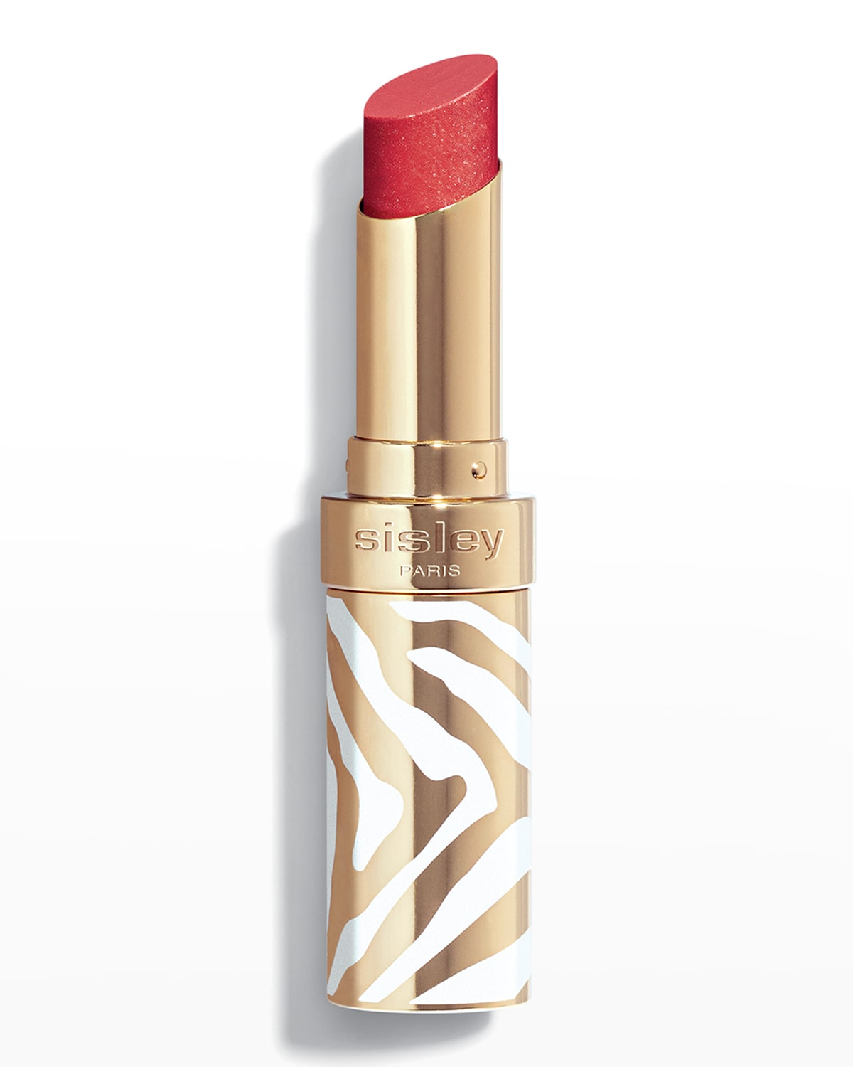 Bright orange lipstick in a sleek gold and white zebra-patterned tube, featuring a shiny finish and a rounded tip for easy application.