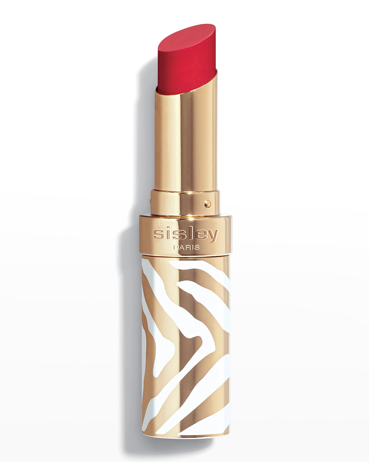Bright sheer red lipstick in a sleek gold and white zebra-patterned tube, featuring the Sisley logo prominently on the base.