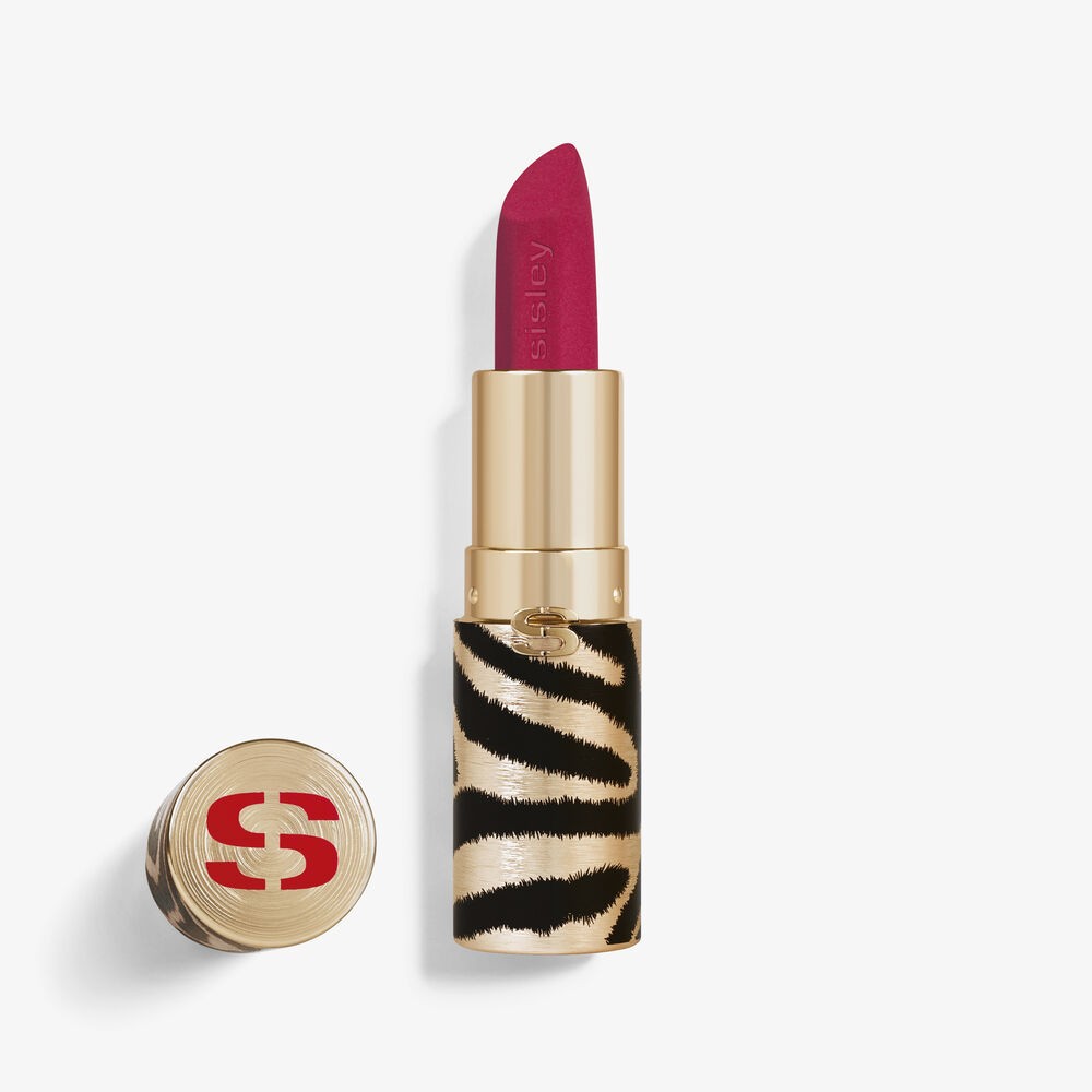 Bold fuchsia lipstick in a gold and black zebra-striped case, featuring a sleek design and the Sisley logo on the cap.