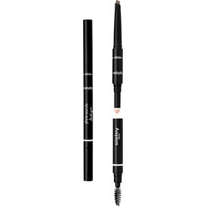 Black 3-in-1 brow pencil with a retractable tip, featuring a fine pencil for shaping, a blending brush, and a highlighter for enhancing brow arches.