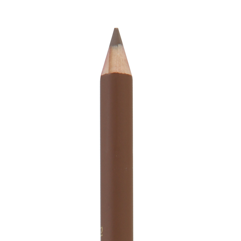 Brown eyebrow pencil with a sharpened tip, featuring a smooth matte finish and gold lettering on the side, designed for precise application.