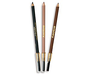 Three eyebrow pencils in varying shades: a black pencil, a light brown pencil, and a dark brown pencil, all featuring gold branding and a grooming brush on one end.