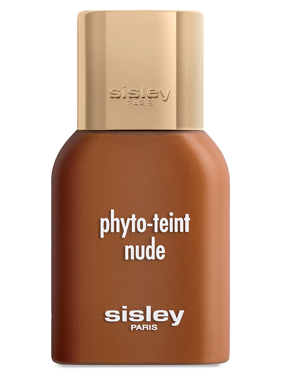 Brown bottle with a gold cap, featuring white text that reads "phyto-teint nude" and "sisley" in a sleek design, indicating a 30ml foundation in shade 7N Caramel.