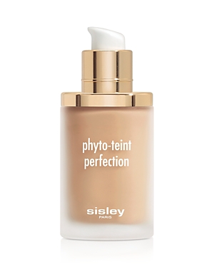 Clear glass bottle with a gold pump top, featuring a frosted base and white text reading "phyto-teint perfection" and "sisley" in elegant font.