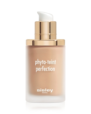 Glass bottle with a gold pump top, featuring a frosted finish and white text reading "phyto-teint perfection" and "sisley" in a sleek design.