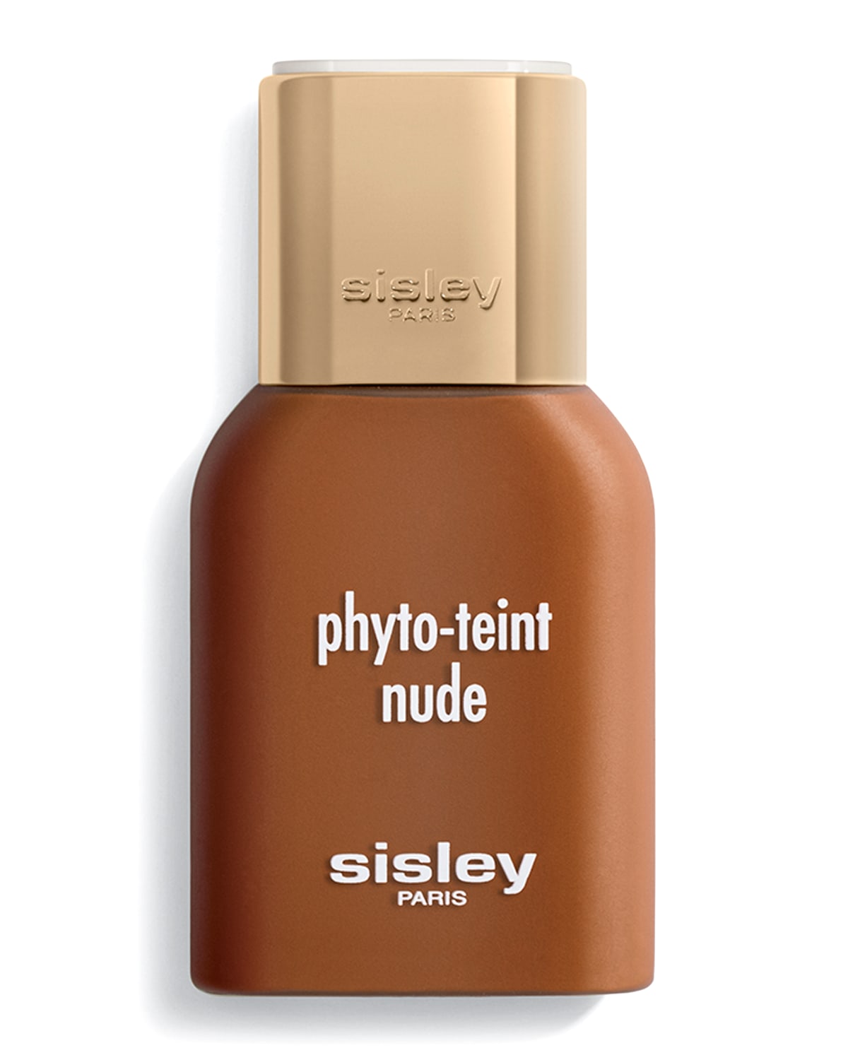 Brown glass bottle with a gold cap, labeled "phyto-teint nude" and "sisley paris," containing 30ml of foundation in shade #Nude 1N Ivory.