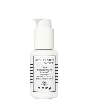 White bottle with a pump dispenser, featuring black text and a logo, labeled "Phytobuste + décolleté Intensive Firming Bust Compound" by Sisley Paris.