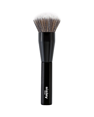 Black handle powder brush with a dense, soft, white and brown bristle head, designed for applying makeup evenly and smoothly.