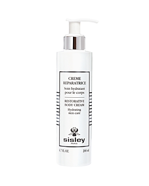 White cylindrical bottle with a pump dispenser, labeled "Sisley Restorative Body Cream," featuring black text and a logo, containing 6.7 oz of hydrating body cream.