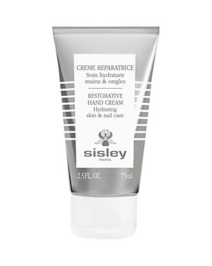 Silver tube with a sleek design, featuring black and white stripes, labeled "Restorative Hand Cream" and "Sisley-Paris," containing 2.5 fl. oz. (75 ml) for hydrating skin and nails.