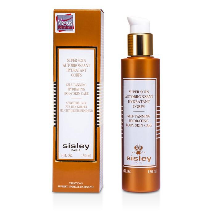 Golden-brown bottle with a pump dispenser, labeled "Sisley-Paris Self Tanning Hydrating Body Skin Care," set against a white background, accompanied by a matching box.