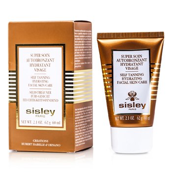 Sisley Self Tanning Hydrating Face Skin Care in a 60ml gold and white tube, featuring a sleek design and a matching box, emphasizing suncare benefits with rose accents.