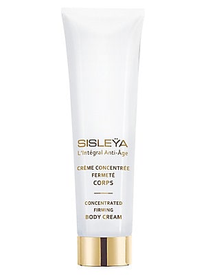 White tube with a gold cap, featuring "Sisley-Paris Sisleya L'Integral Anti-Age" in elegant black lettering, labeled as "Concentrated Firming Body Cream."