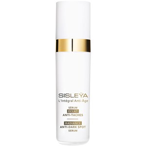 White bottle with a gold band and text, featuring "Sisley Sisleya L'Intégral Anti-Age Radiance Anti-Dark Spot Serum" in elegant font, 30ml size.