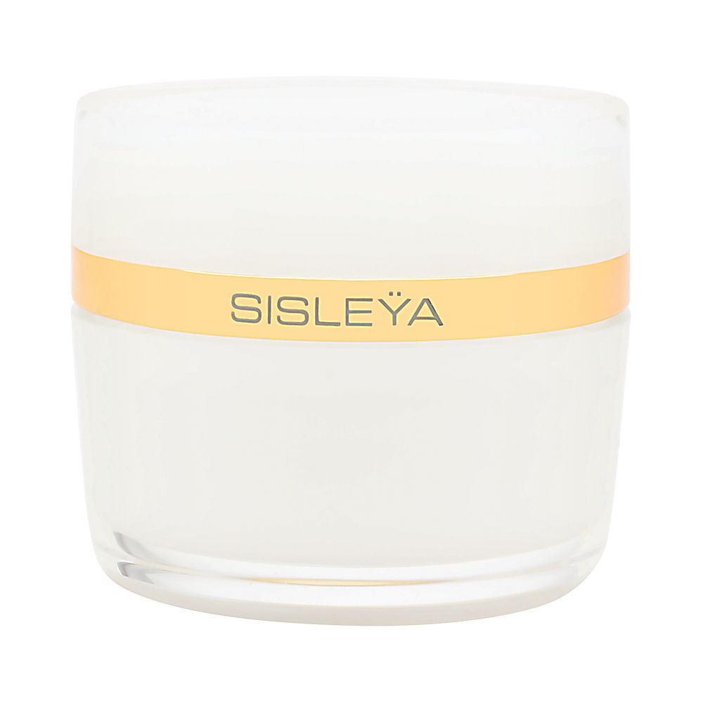 Clear glass jar with a gold band labeled "SISLEYA," containing a white cream, featuring a sleek, modern design suitable for anti-aging skincare.