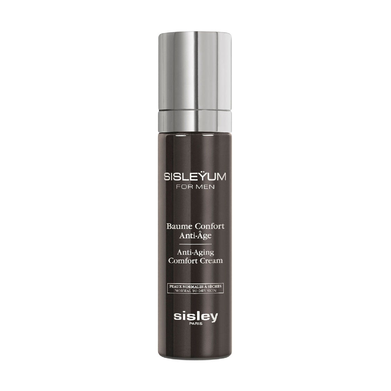 Dark brown cylindrical bottle with a silver pump top, labeled "Sisleyum for Men Comfort Cream" in white text, designed for anti-aging skincare, 1.6 oz size.
