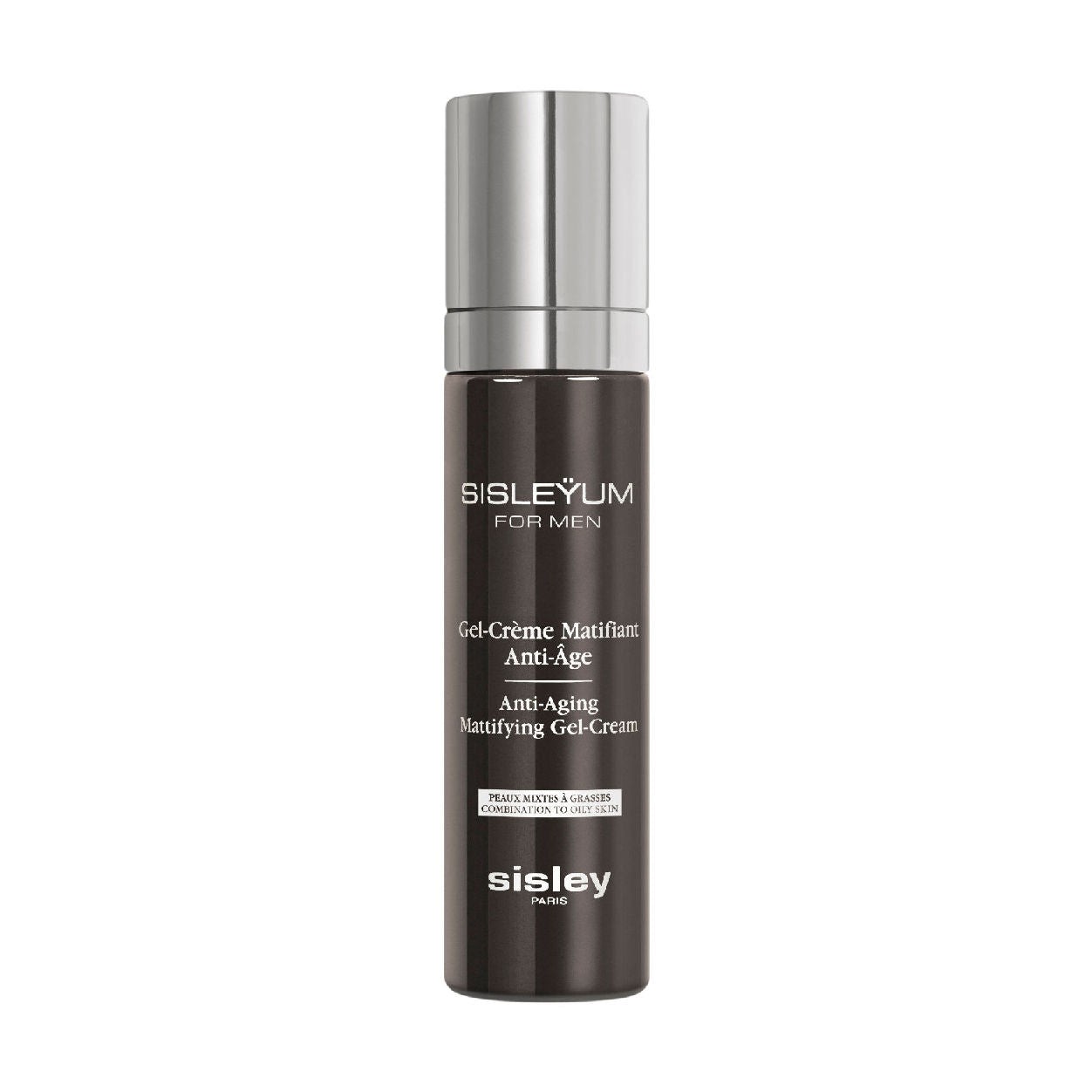 Dark brown cylindrical bottle with a silver pump top, labeled "Sisleyum for Men Mattifying Gel Cream" in white text, featuring anti-aging benefits, 1.6 oz size.