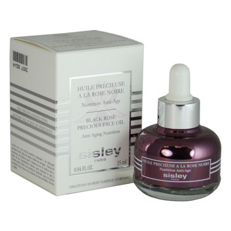 Glass bottle with a round base and a purple tint, featuring a dropper cap, alongside a silver and white box labeled "Sisley Paris Black Rose Precious Face Oil."